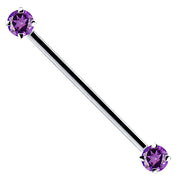 14k white gold industrial barbell with dual purple round CZ gems in 4-prong settings, front view