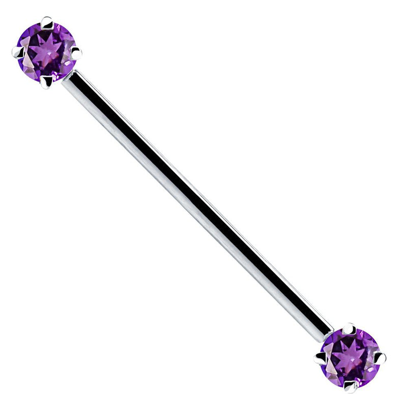 14k white gold industrial barbell with dual purple round CZ gems in 4-prong settings, front view
