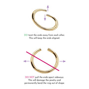 Seam ring care diagram showing correct twist-open method versus incorrect sideways pull