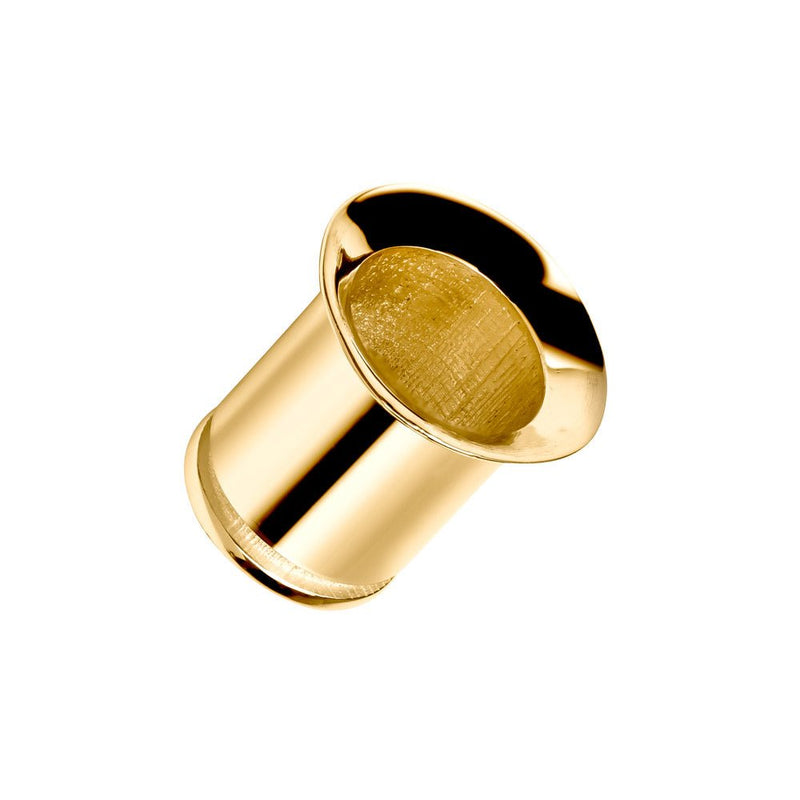 Close-up of 14k yellow gold single flare tunnel plug showing interior hollow and flare detail
