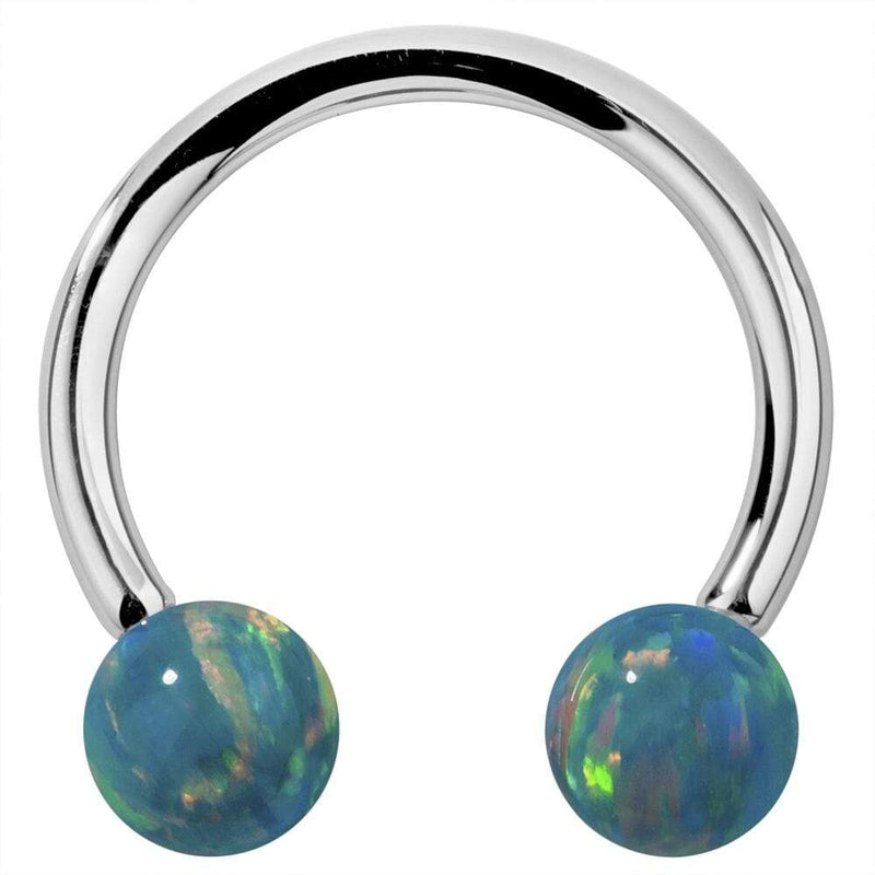 14k white gold circular barbell with teal simulated opal balls, front view