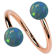14k rose gold spiral twister barbell with two teal opal ends, warm gold tone shown