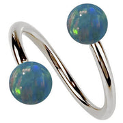 14k white gold twister spiral barbell with dual teal simulated opal balls, front view