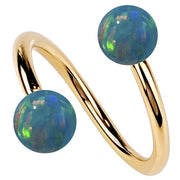 14k yellow gold twister spiral barbell with dual teal simulated opal balls, front view