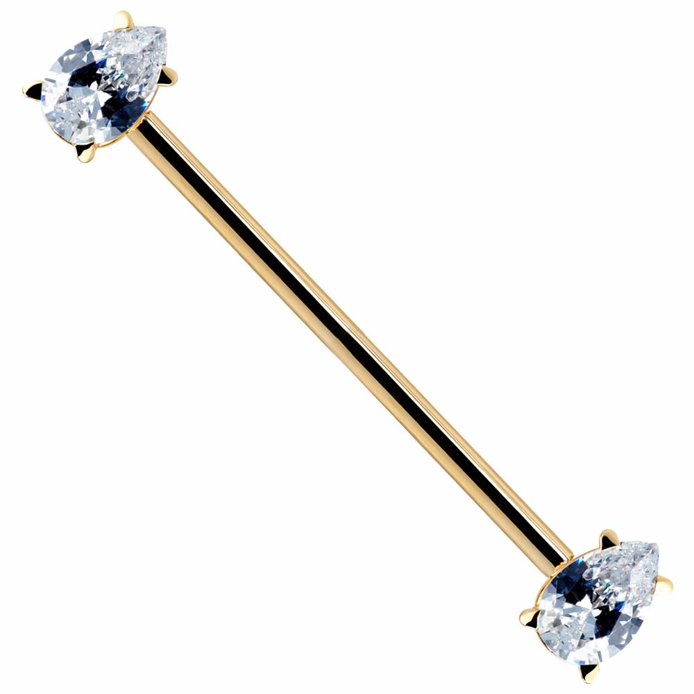 Clear Teardrop Gem 14k Gold Industrial Piercing Barbell-14k Yellow Gold   16G (1.2mm)   1 9 16