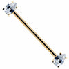 14k yellow gold industrial barbell with dual clear teardrop CZ gems in prong settings, full length view
