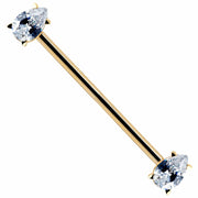 14k yellow gold industrial barbell with dual clear teardrop CZ gems in prong settings, full length view