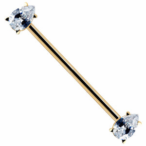 14k yellow gold industrial barbell with dual clear teardrop CZ gems in prong settings, full length view