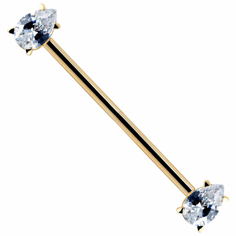 14k yellow gold industrial barbell with dual clear teardrop CZ gems in prong settings, full length view