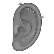 Illustration showing 14k gold teardrop CZ industrial barbell positioned through ear cartilage piercing