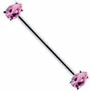 14k white gold industrial barbell with pink pear-cut CZ gems in prong settings, diagonal view