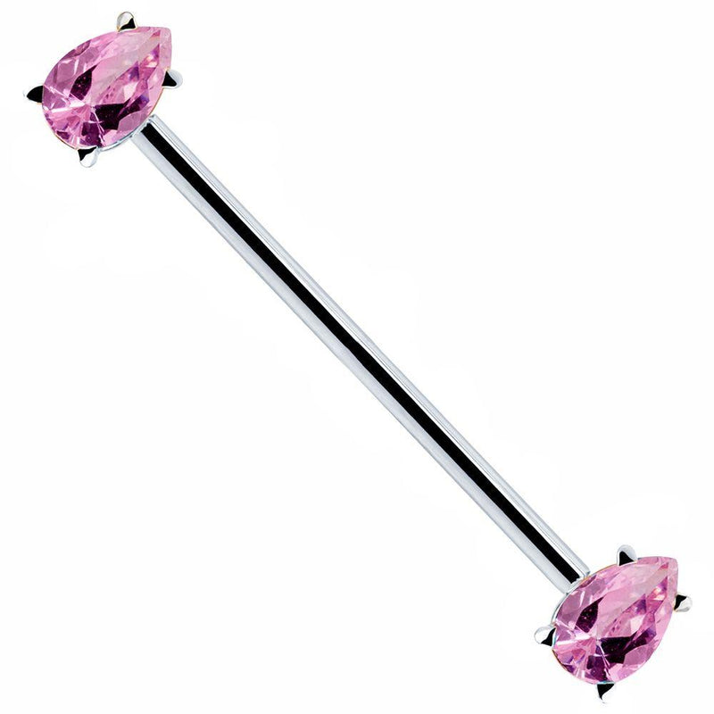 14k white gold industrial barbell with pink pear-cut CZ gems in prong settings, diagonal view