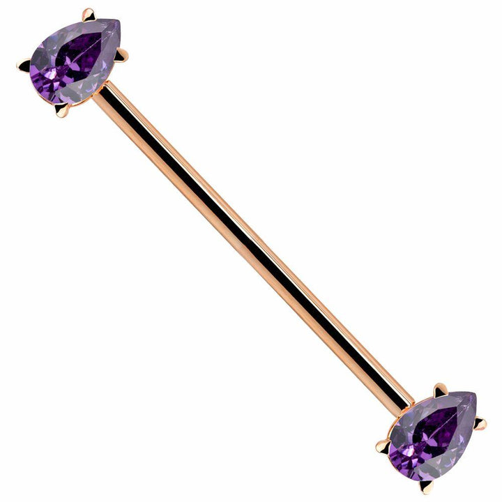 Purple Teardrop Gem 14k Gold Industrial Piercing Barbell-14k Rose Gold   16G (1.2mm)   1 9 16" (40mm)