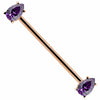 14k rose gold industrial barbell with purple pear-cut cubic zirconia ends, diagonal product view