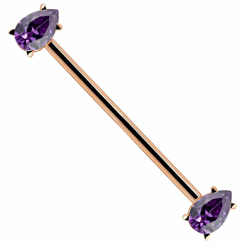 14k rose gold industrial barbell with purple pear-cut cubic zirconia ends, diagonal product view