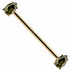 14k yellow gold industrial barbell with two pear-cut light green CZ gems in prong settings, diagonal view