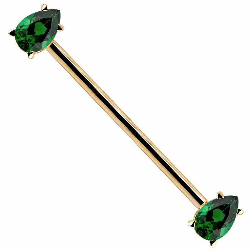 14k yellow gold industrial barbell with dual green pear-cut CZ gems in prong settings, white background