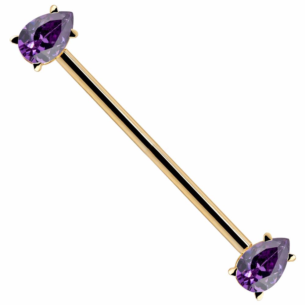 Purple Teardrop Gem 14k Gold Industrial Piercing Barbell-14k Yellow Gold   16G (1.2mm)   1 9 16