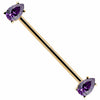 14k yellow gold industrial barbell with dual purple pear-cut CZ gems in prong settings, full length view