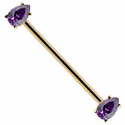 14k yellow gold industrial barbell with dual purple pear-cut CZ gems in prong settings, full length view