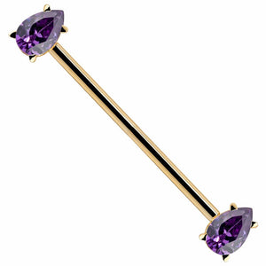 14k yellow gold industrial barbell with dual purple pear-cut CZ gems in prong settings, full length view