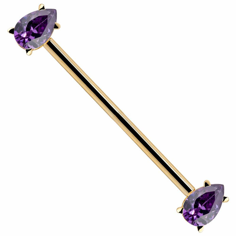 14k yellow gold industrial barbell with dual purple pear-cut CZ gems in prong settings, full length view