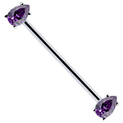 14k white gold industrial piercing barbell with purple teardrop CZ gems in prong settings, full view