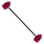 14k white gold industrial barbell with red teardrop CZ gems in prong settings, angled view