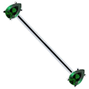 14k white gold industrial barbell with dual green pear-cut CZ gems in prong settings, white background