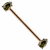 14k rose gold industrial barbell with light green teardrop CZ gems in prong settings, diagonal view