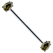 14k white gold industrial barbell with light green pear-cut CZ prong-set ends, diagonal product view