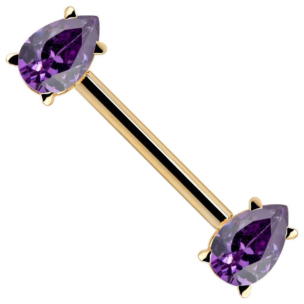 Purple Teardrop Gemstone 14K Gold Straight Barbell-16G   5 8" (16mm)   Yellow Gold