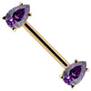 14k yellow gold straight barbell with dual purple pear-cut CZ teardrops in prong settings, angled view