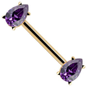 14k yellow gold straight barbell with dual purple pear-cut CZ teardrops in prong settings, angled view