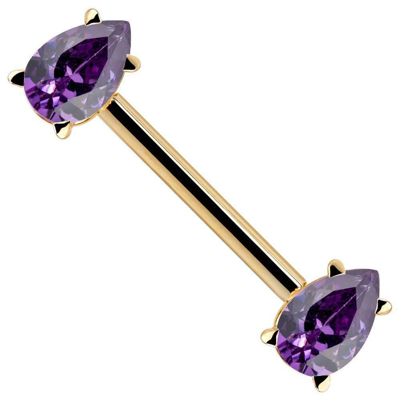 14k yellow gold straight barbell with dual purple pear-cut CZ teardrops in prong settings, angled view