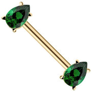 14K yellow gold straight barbell with dual emerald-green pear-cut CZ ends, angled view