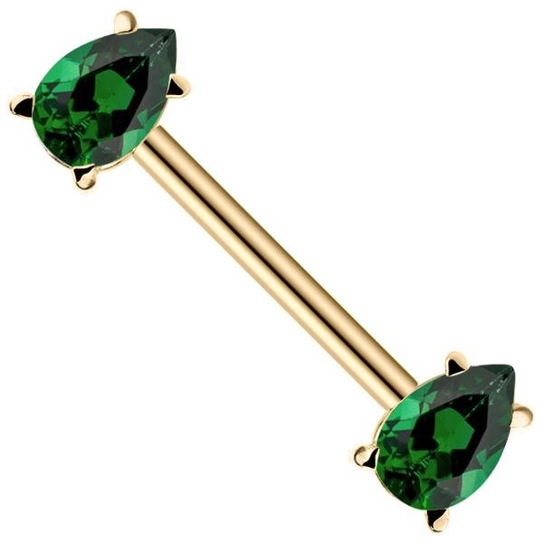 14K yellow gold straight barbell with dual emerald-green pear-cut CZ ends, angled view