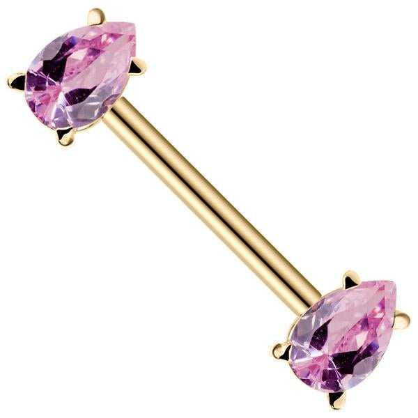 Pink Teardrop Gemstone 14K Gold Straight Barbell-16G   5 8" (16mm)   Yellow Gold