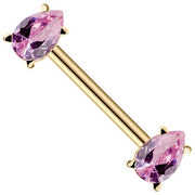 14K yellow gold straight barbell with dual pink pear-cut CZ gemstones in prong settings, front view