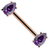 14k rose gold straight barbell with dual purple pear-cut CZ teardrop ends in prong settings, angled view