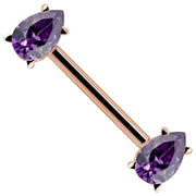 14k rose gold straight barbell with dual purple pear-cut CZ teardrop ends in prong settings, angled view