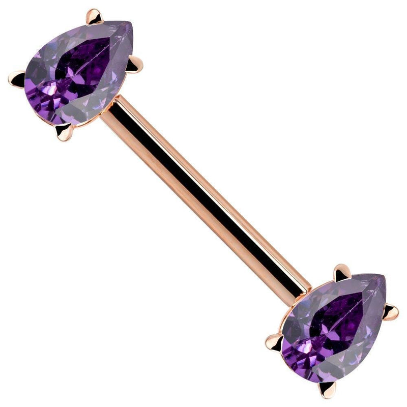 14k rose gold straight barbell with dual purple pear-cut CZ teardrop ends in prong settings, angled view