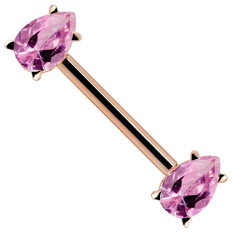 14K rose gold straight barbell with dual pink pear-cut CZ gemstones, angled view showing warm gold tone