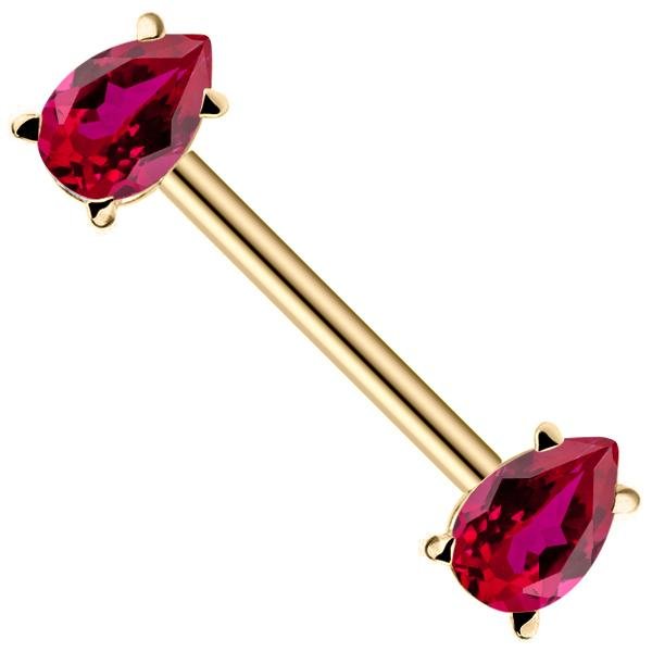 14K yellow gold straight barbell with two red teardrop CZ stones, angled product view