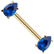 14K yellow gold straight barbell with dual royal blue pear-cut CZ ends, front view