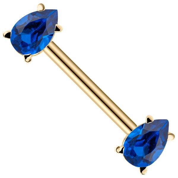 14K yellow gold straight barbell with dual royal blue pear-cut CZ ends, front view