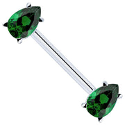 14K white gold straight barbell with dual emerald-green teardrop CZ settings, angled view
