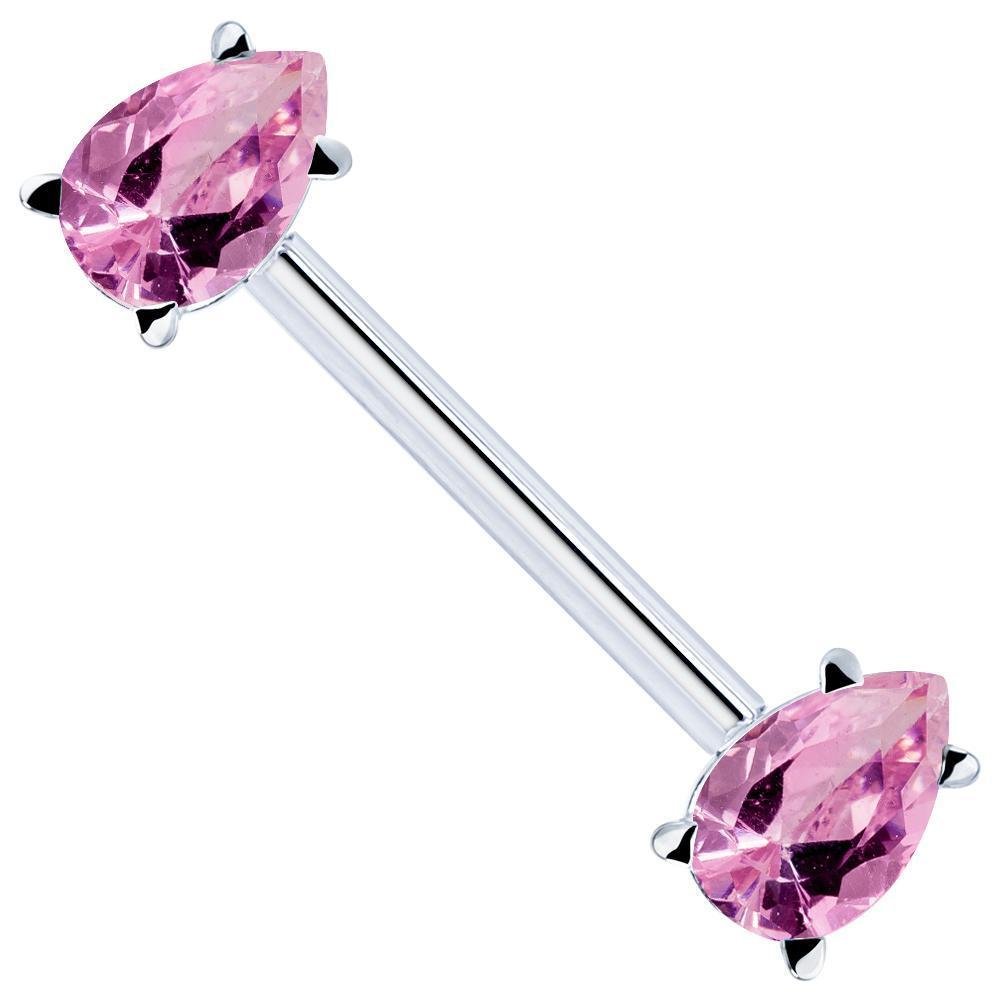 Pink Teardrop Gemstone 14K Gold Straight Barbell-16G   5 8" (16mm)   White Gold