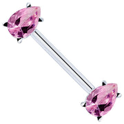 14K white gold straight barbell with two pink teardrop CZ stones in prong settings, front view