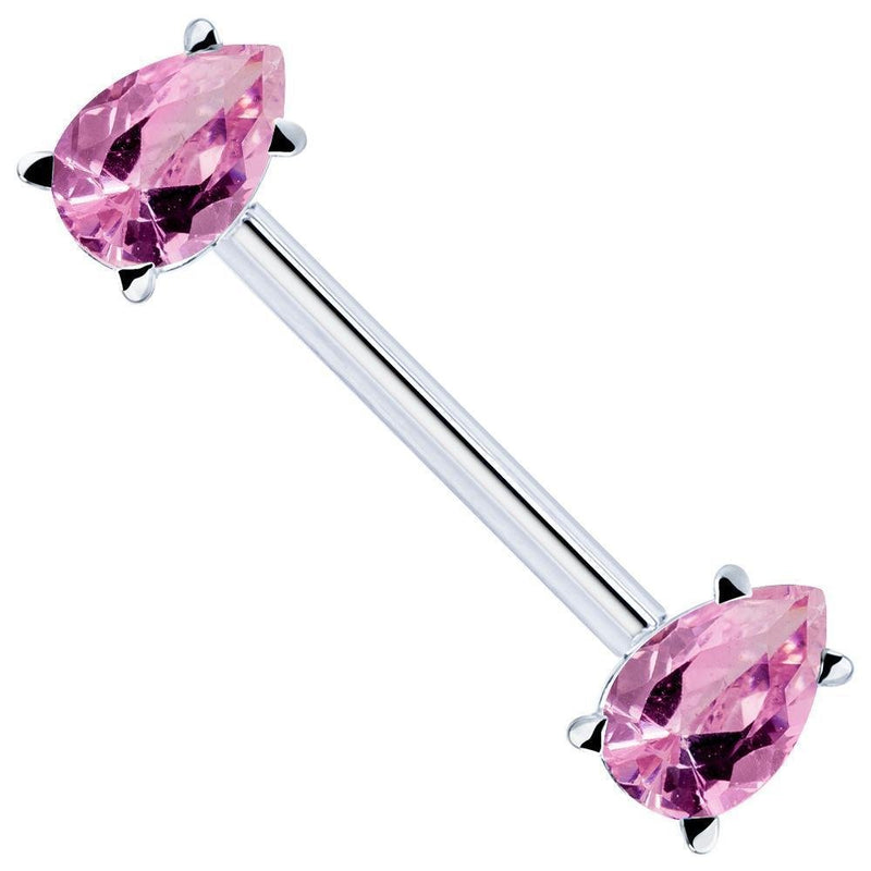 14K white gold straight barbell with two pink teardrop CZ stones in prong settings, front view